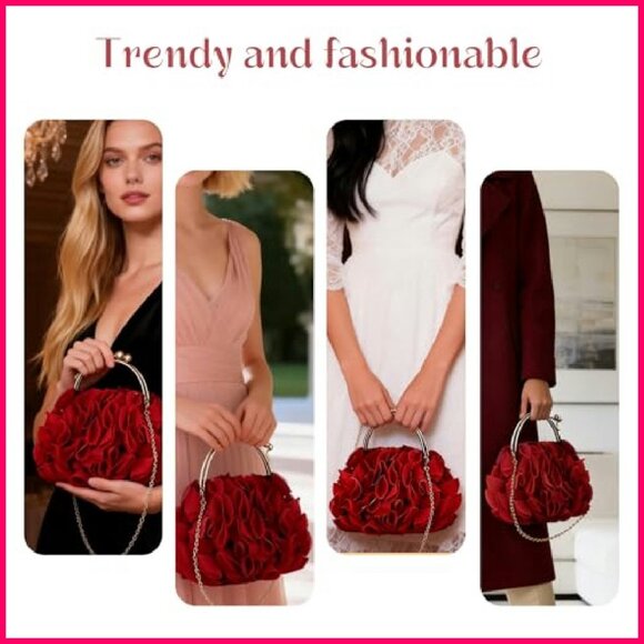 Women Flower Clutch Purse Rose Satin Evening Handbag Small  Satin Evening Clutch Bag Elegant Floral Rose Design Detachable Chain Strap